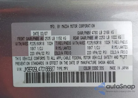 2007 Mazda Cx-7 Grand Touring from USA, damaged, VIN JM3ER29L470166687